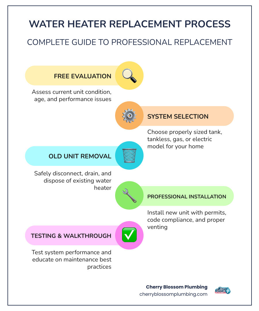 Infographic showing the water heater replacement process: 1. Free evaluation and assessment of current unit, 2. Selection of properly sized system based on household needs, 3. Removal of old water heater and disposal, 4. Professional installation with permits and code compliance, 5. System testing and inspection, 6. Customer walkthrough and maintenance education - water heater replacement in shirlington va infographic infographic-line-5-steps-colors Infographic showing the water heater replacement process: 1. Free evaluation and assessment of current unit, 2. Selection of properly sized system based on household needs, 3. Removal of old water heater and disposal, 4. Professional installation with permits and code compliance, 5. System testing and inspection, 6. Customer walkthrough and maintenance education - water heater replacement in shirlington va infographic infographic-line-5-steps-colors