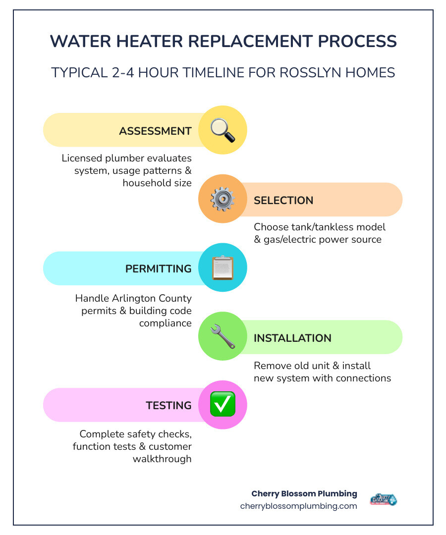 infographic showing water heater replacement timeline with five stages: initial assessment and sizing consultation, permit acquisition and code review, old unit removal and disposal, new system installation and connection, and final testing and customer walkthrough, with typical timeframe of 2-4 hours for standard installations - water heater replacement in rosslyn va infographic infographic-line-5-steps-colors