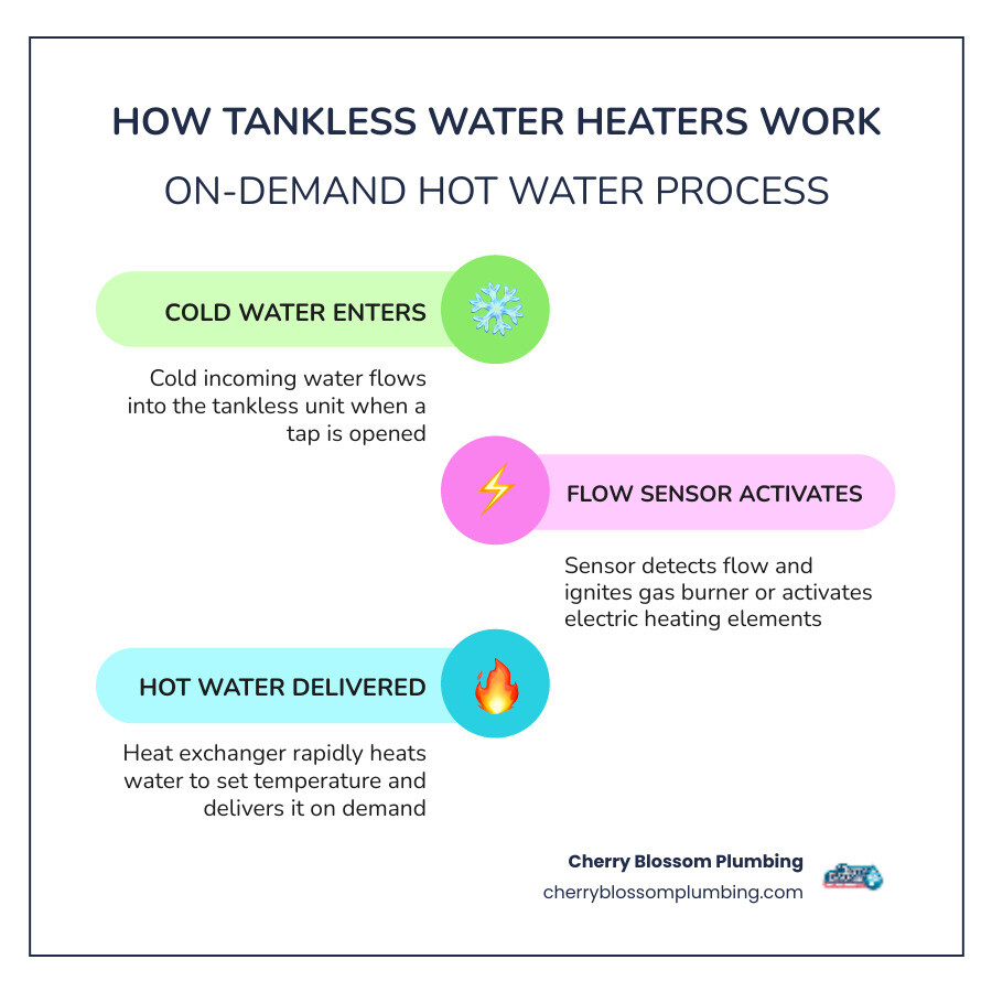 Infographic showing the tankless water heating process: cold water enters the unit, flow sensor activates heating elements or gas burner, heat exchanger rapidly heats water to set temperature, hot water flows to fixture on demand with no storage tank needed, and system shuts off when tap closes to eliminate standby energy loss - tankless water heater installation in crystal city va infographic infographic-line-3-steps-colors
