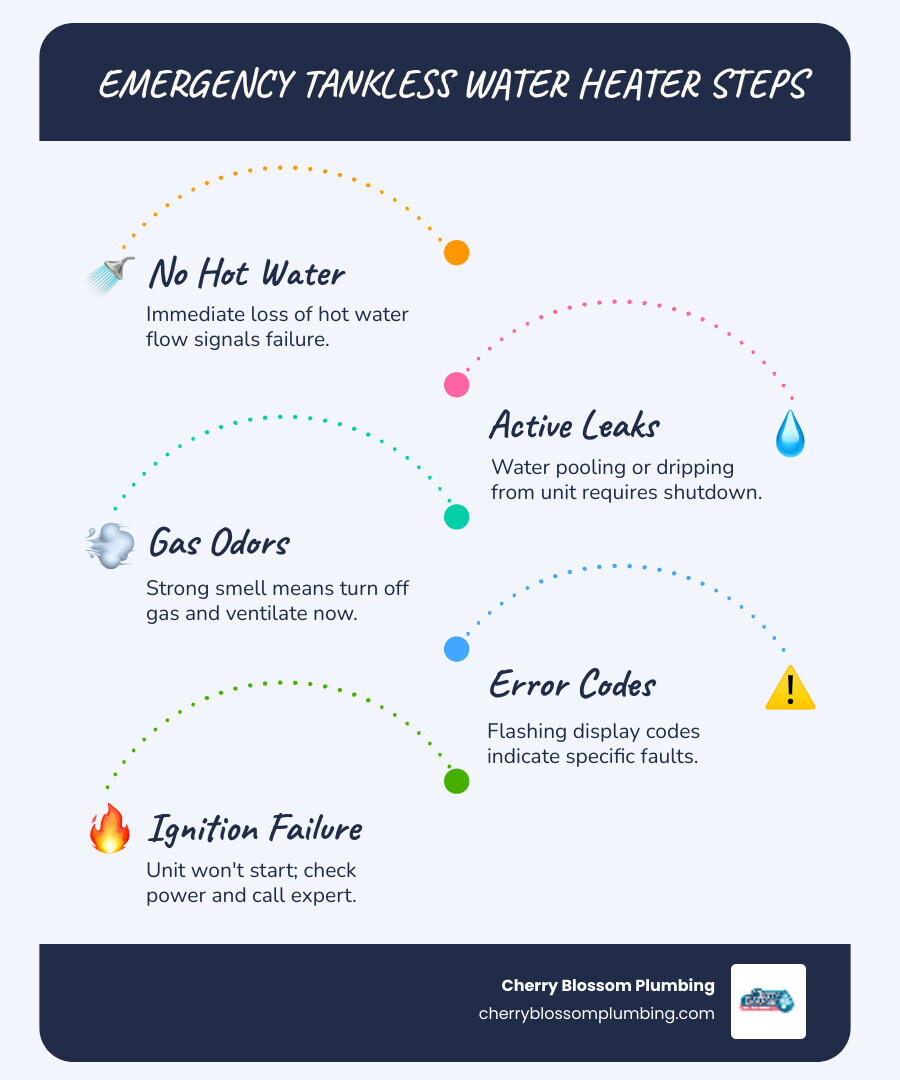 Infographic showing common tankless water heater failure signs and emergency steps for Crystal City VA homeowners Infographic showing common tankless water heater failure signs and emergency steps for Crystal City VA homeowners