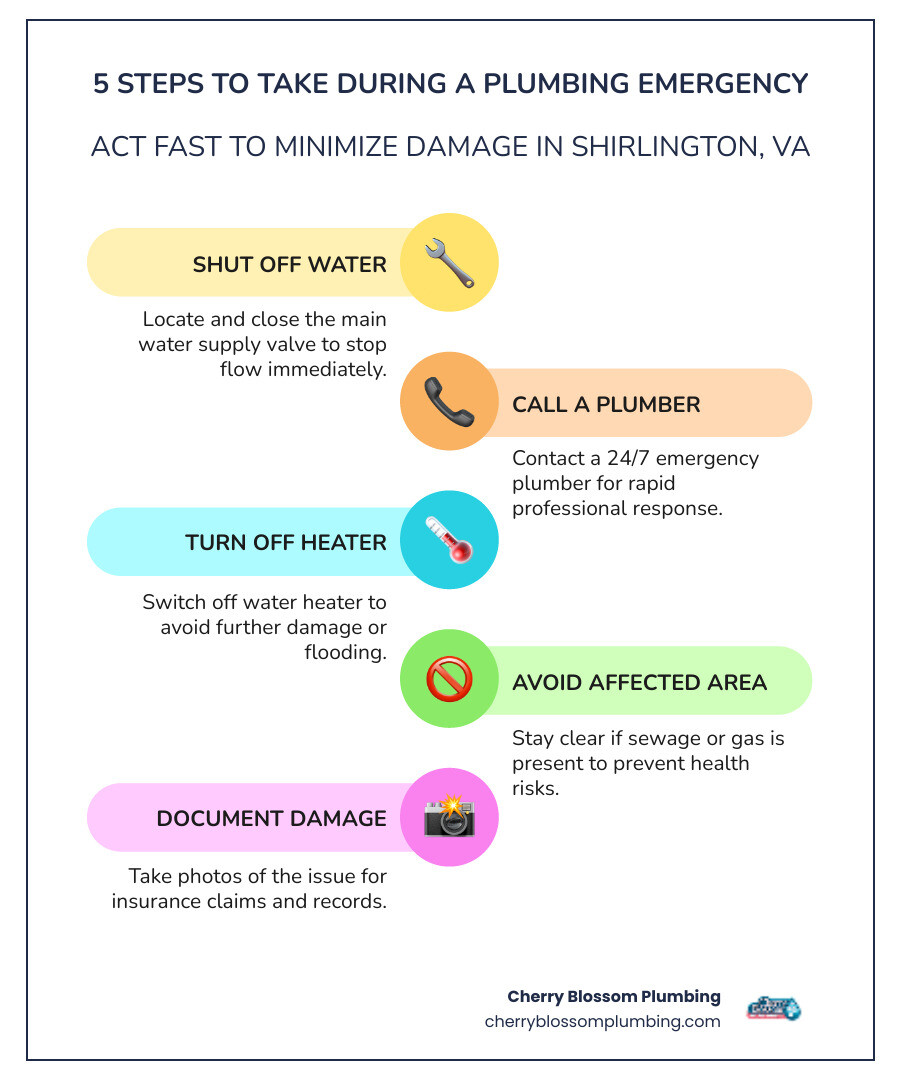 Infographic showing 5 steps to take during a plumbing emergency in Shirlington VA - 24 hour emergency plumber in