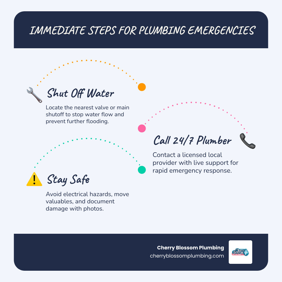 Infographic showing immediate steps to take during a home plumbing emergency in Arlington VA - emergency plumber near me in