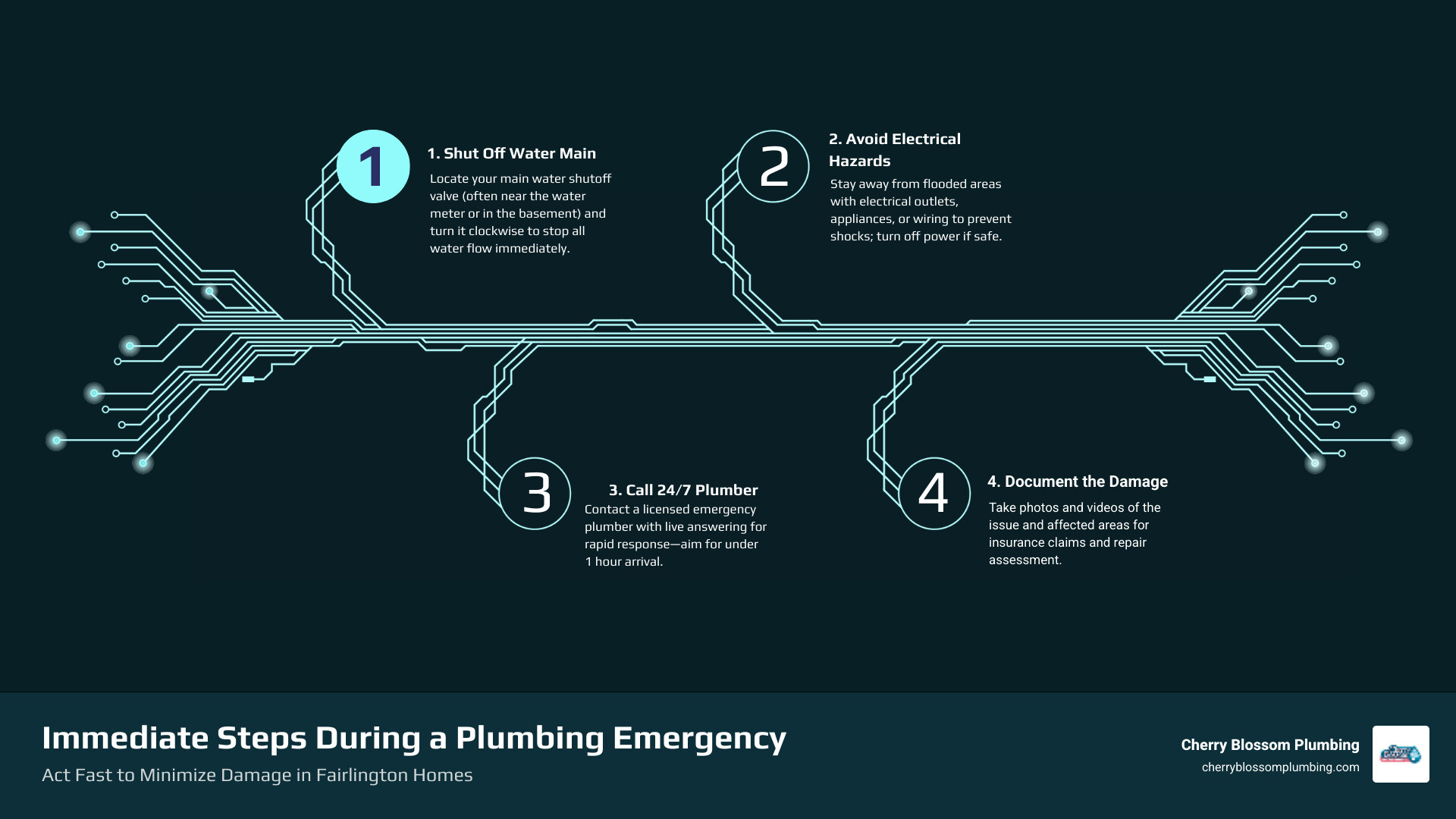 Infographic showing immediate steps during a Fairlington plumbing emergency: shut off water main, avoid electrical areas