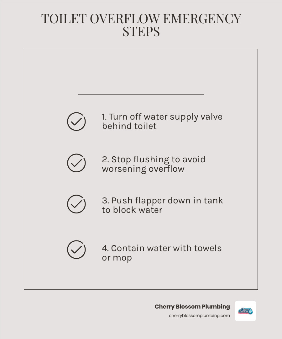 Infographic showing immediate steps to take during a toilet overflow in an Arlington VA home - 24 hour clogged toilet in
