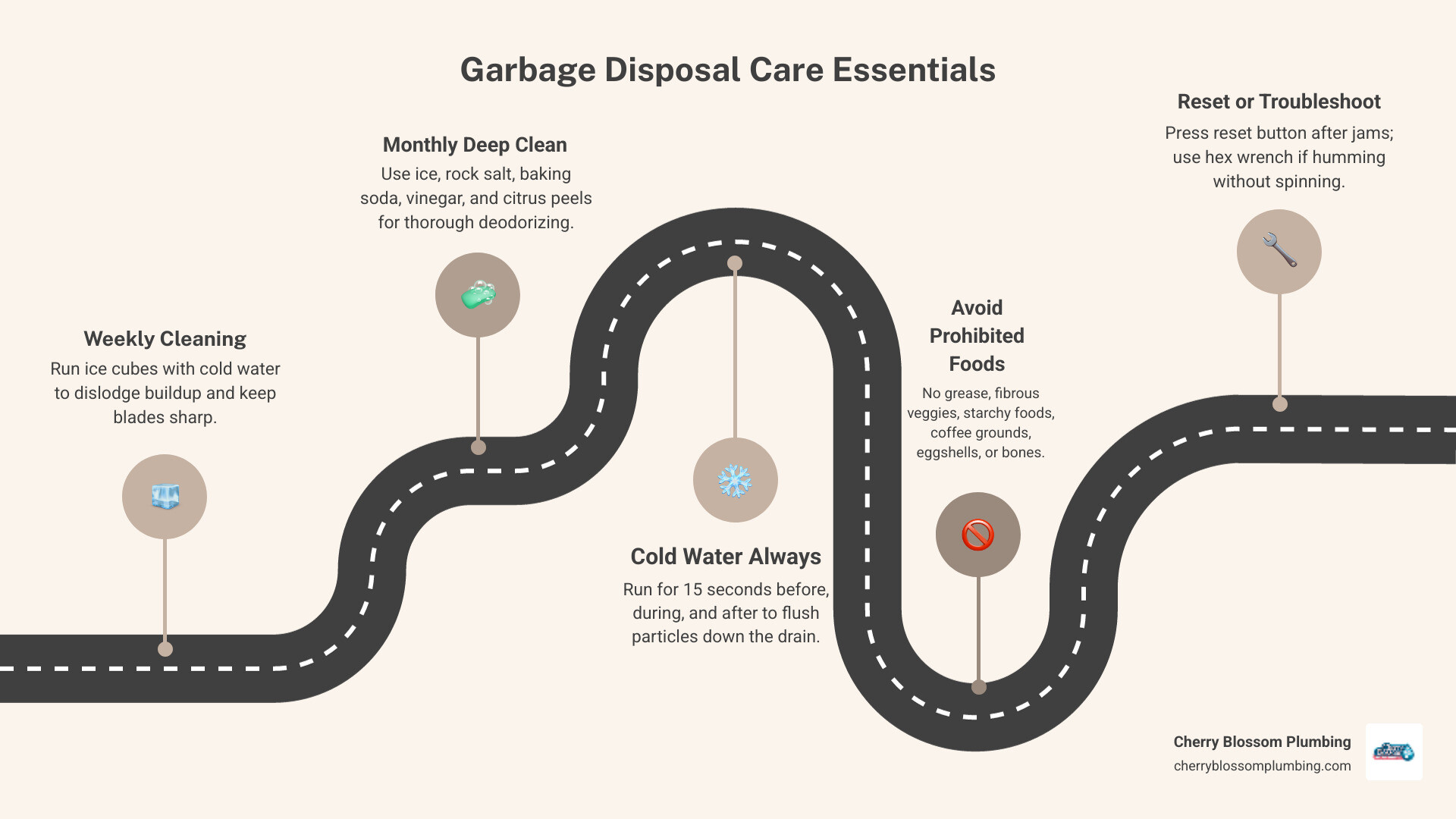 Infographic showing garbage disposal care steps: weekly cleaning, monthly deep clean, cold water use, foods to avoid, reset Infographic showing garbage disposal care steps: weekly cleaning, monthly deep clean, cold water use, foods to avoid, reset