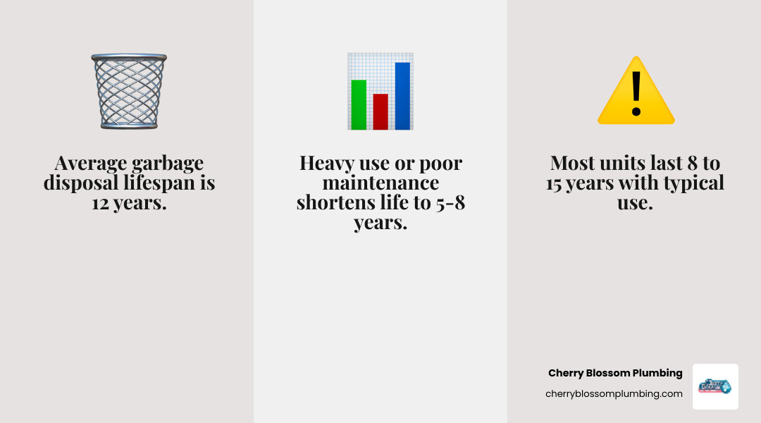 Infographic showing garbage disposal lifecycle from installation to replacement at 8-15 years - how long does a garbage Infographic showing garbage disposal lifecycle from installation to replacement at 8-15 years - how long does a garbage