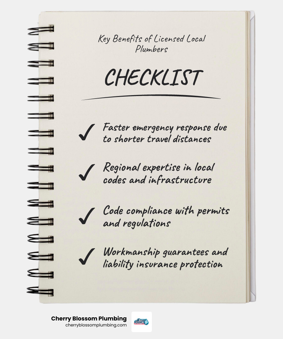 infographic showing key benefits of hiring a licensed local plumber including code compliance, regional expertise, and