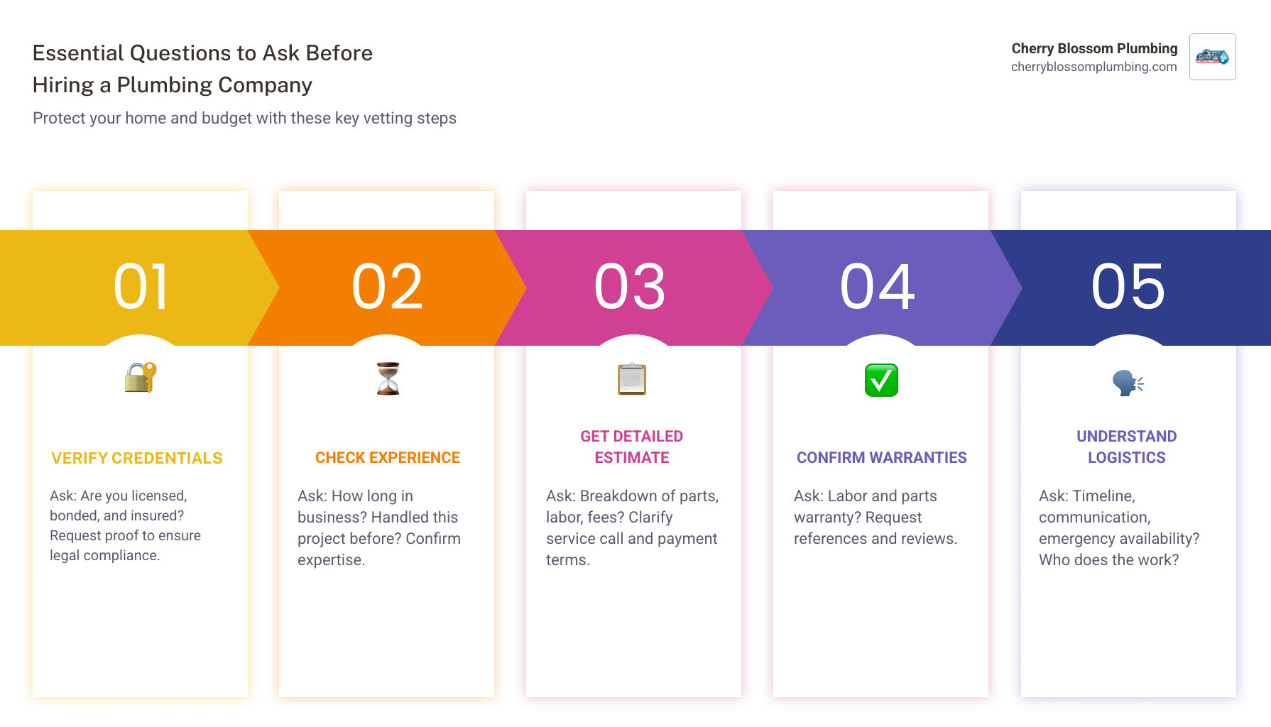 Infographic checklist of essential questions to ask before hiring a plumbing company - questions to ask before hiring a