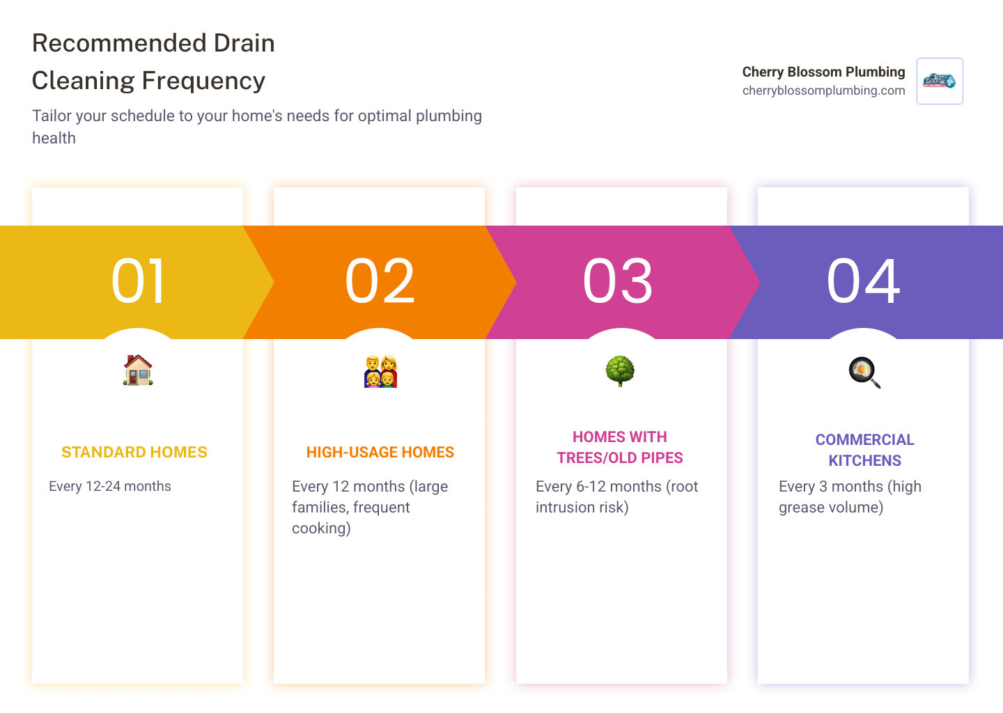 infographic showing drain cleaning frequency by drain type and household size - how often should you have your drains