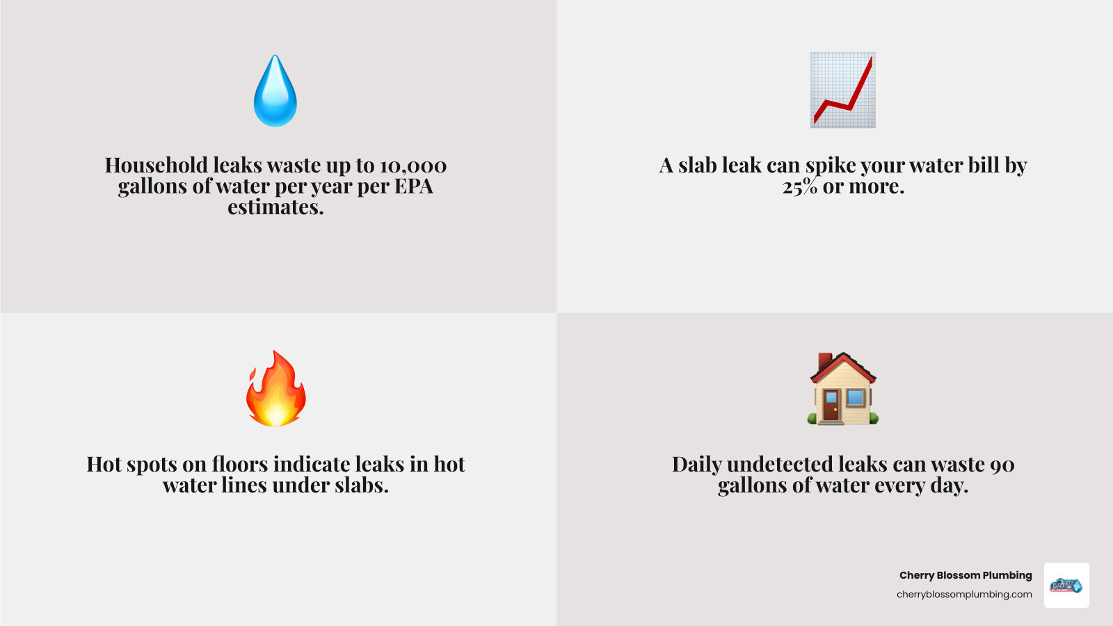Infographic showing 8 common slab leak signs and symptoms with water waste stats and detection tips - slab leak signs and Infographic showing 8 common slab leak signs and symptoms with water waste stats and detection tips - slab leak signs and