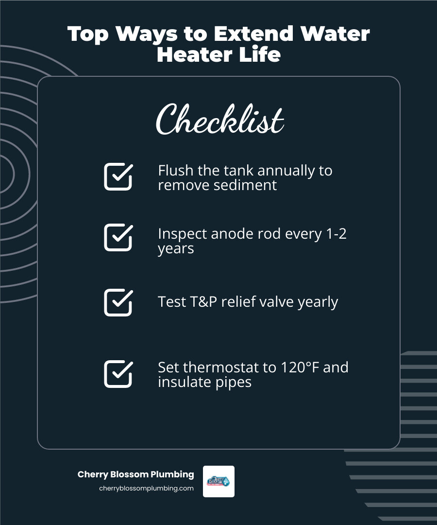 infographic showing top 8 tips to extend water heater life with icons for flushing, anode rod, T&P valve, temperature infographic showing top 8 tips to extend water heater life with icons for flushing, anode rod, T&P valve, temperature