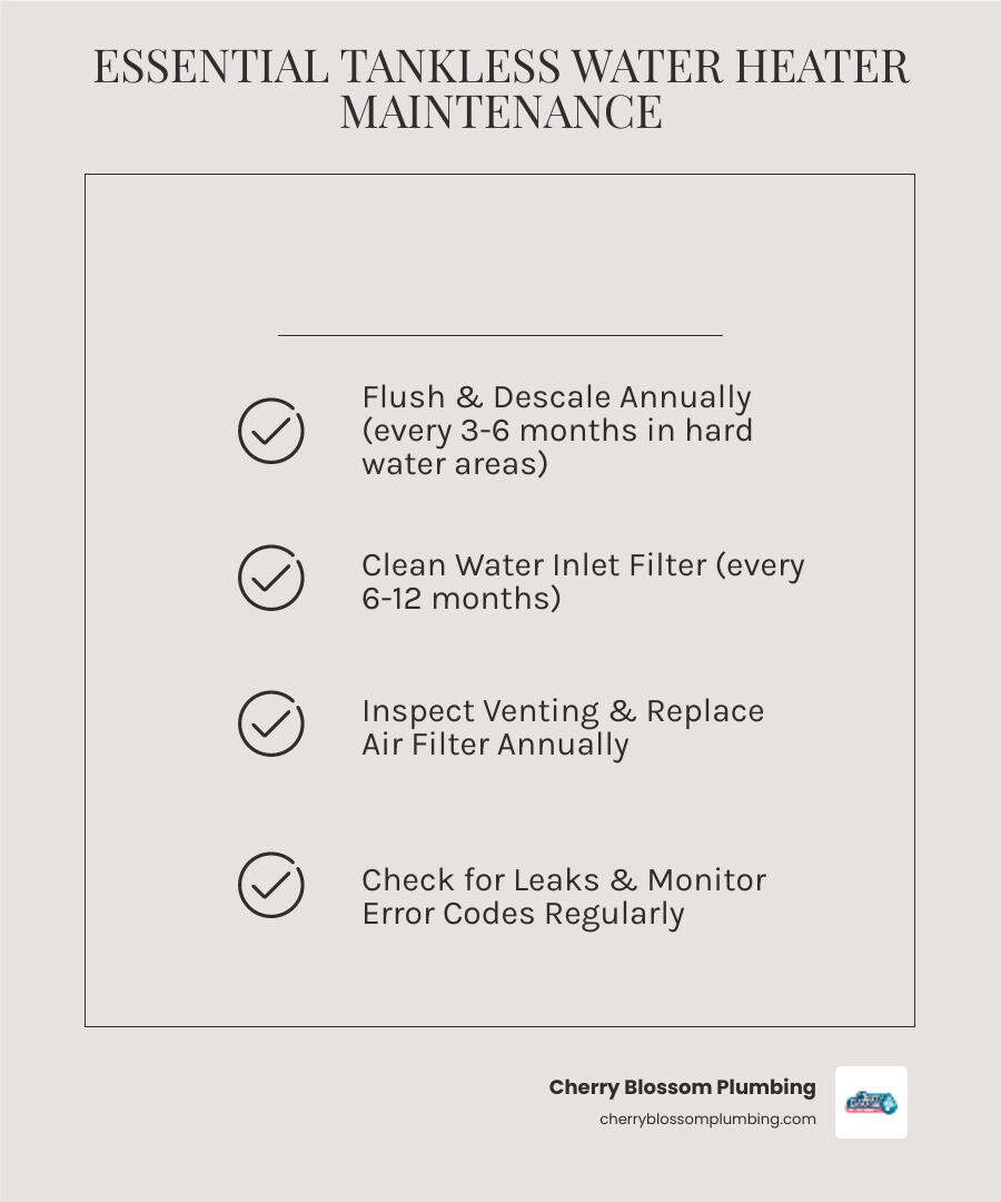 Infographic showing tankless water heater maintenance schedule and key tasks by frequency - tankless water heater Infographic showing tankless water heater maintenance schedule and key tasks by frequency - tankless water heater