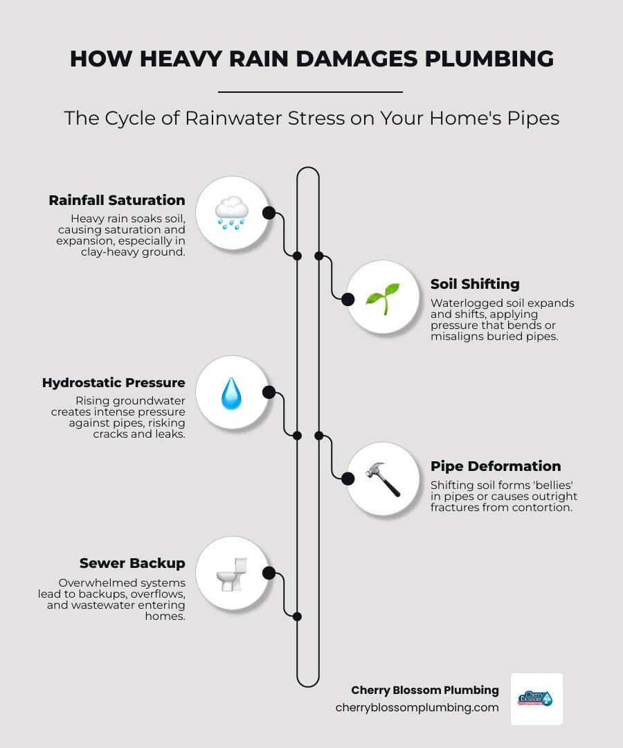 infographic showing the cycle of rainwater entering residential sewer systems and causing plumbing stress - how heavy rain