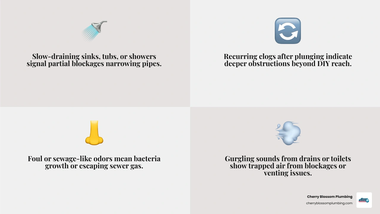 infographic showing 7 signs your drains need professional cleaning with icons for each warning sign - signs your drains need