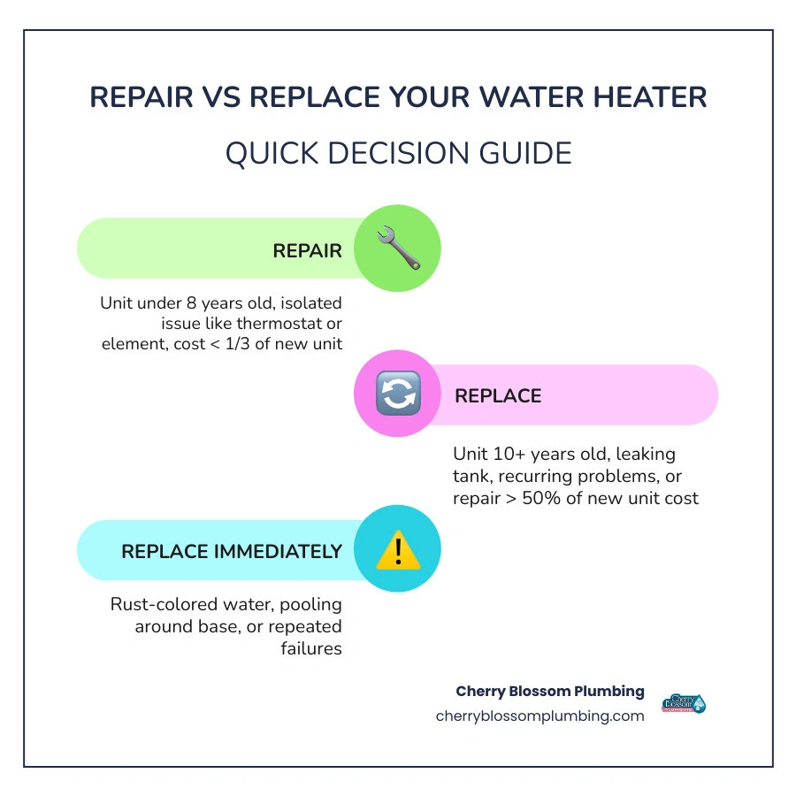 Repair vs replace water heater decision flow infographic: age, cost thresholds, and warning signs - when to repair vs