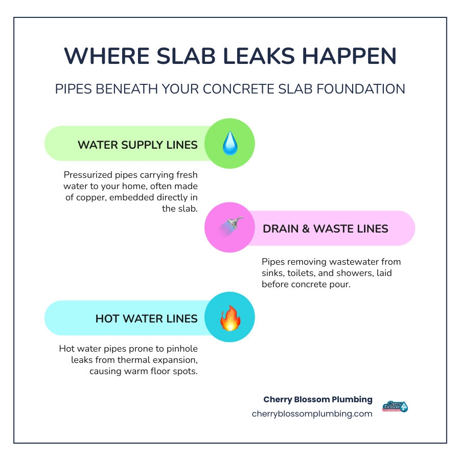 infographic showing where slab leaks occur beneath a home's concrete foundation with pipe layout infographic
