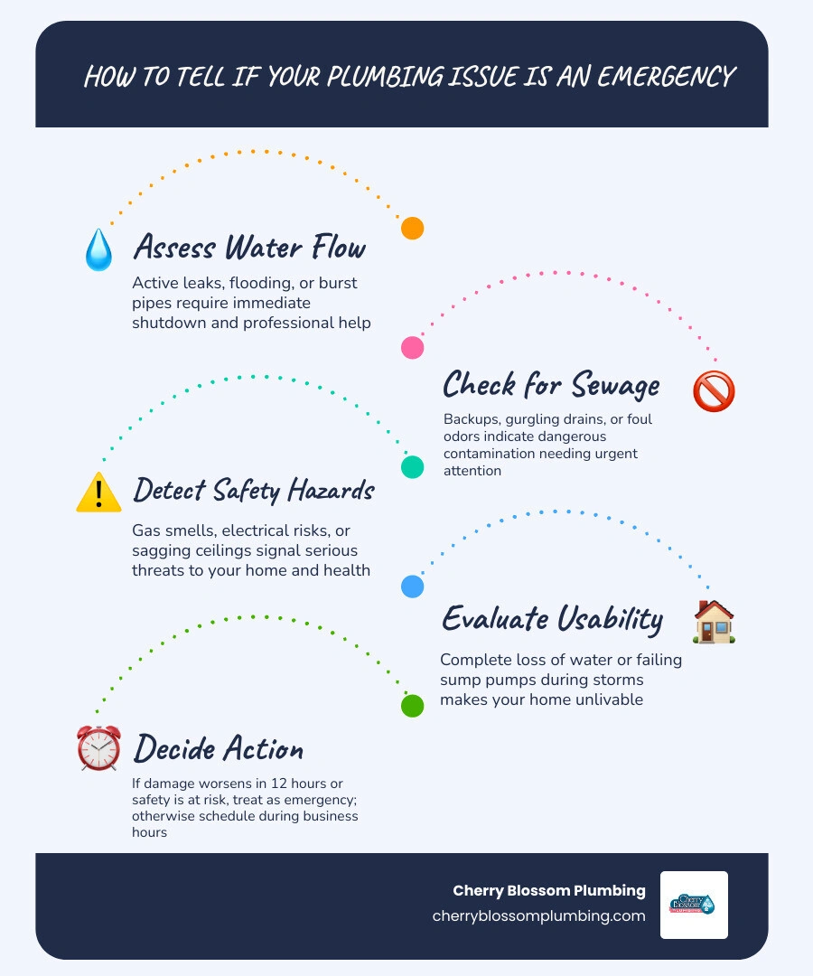 Infographic comparing plumbing emergencies vs non-urgent issues with key warning signs and action steps infographic Infographic comparing plumbing emergencies vs non-urgent issues with key warning signs and action steps infographic