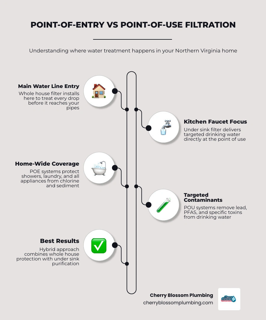 Infographic comparing whole house point-of-entry vs under sink point-of-use water filtration systems infographic