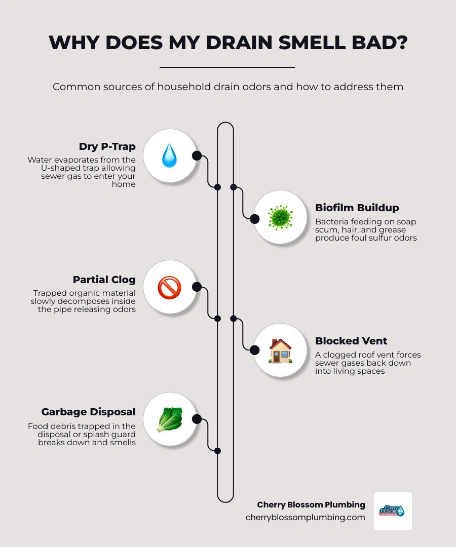 infographic showing common household drain odor sources including dry P-trap biofilm and blocked vents infographic