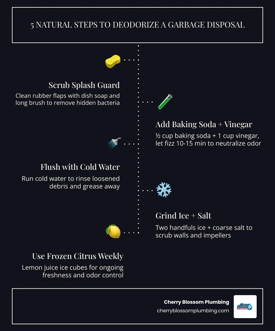 Infographic showing 5 natural methods to deodorize a garbage disposal with steps and frequency guide infographic