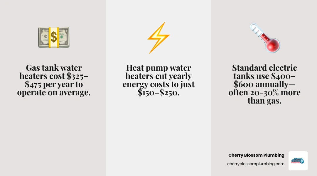 Infographic comparing annual operating costs of gas tank, electric tank, propane, and heat pump water heaters infographic