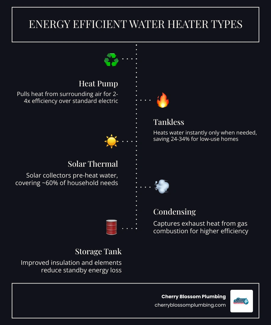 Infographic comparing energy efficient water heater types by efficiency, fuel source, and best use case infographic