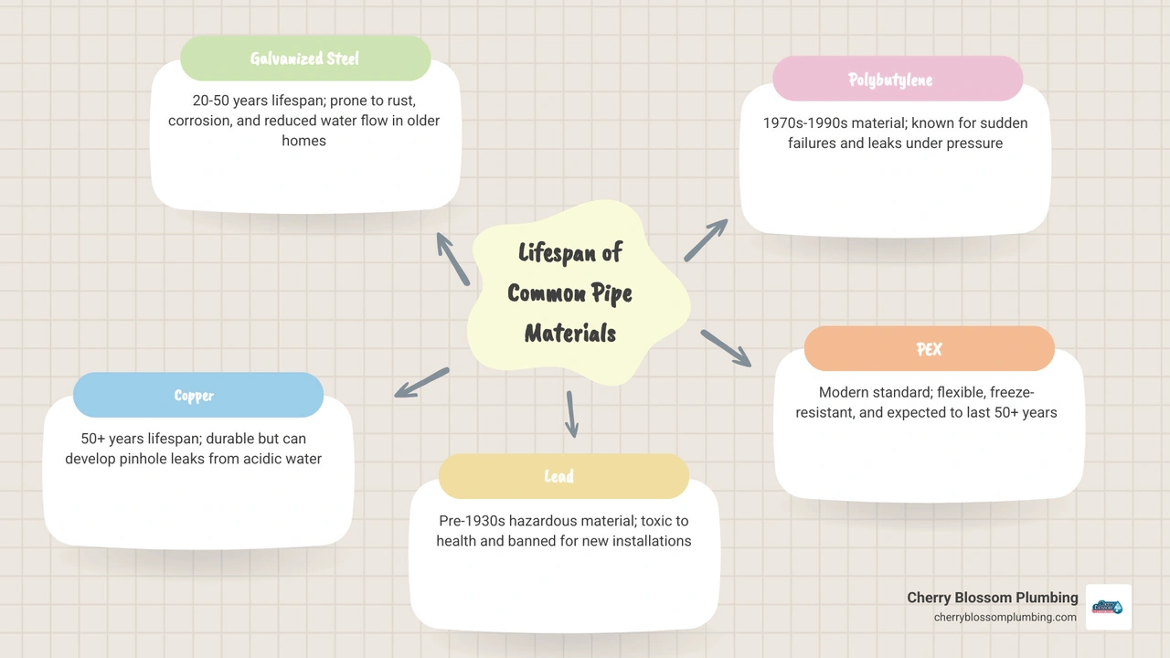 Infographic showing lifespan of common pipe materials: galvanized steel 20-50 years, copper 50+ years, lead pre-1930s