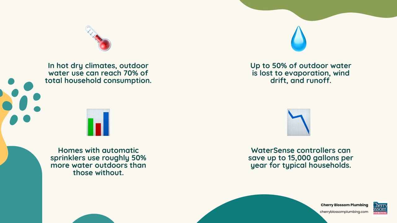 Infographic showing summer household water usage statistics: 30-70% used outdoors, 50% of outdoor water wasted, 15000