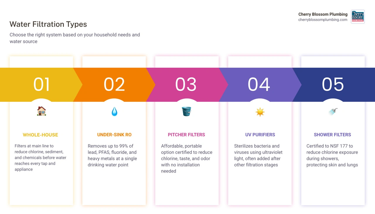 Infographic showing water filtration types by use case: whole-house, under-sink RO, pitcher, UV, and shower filters