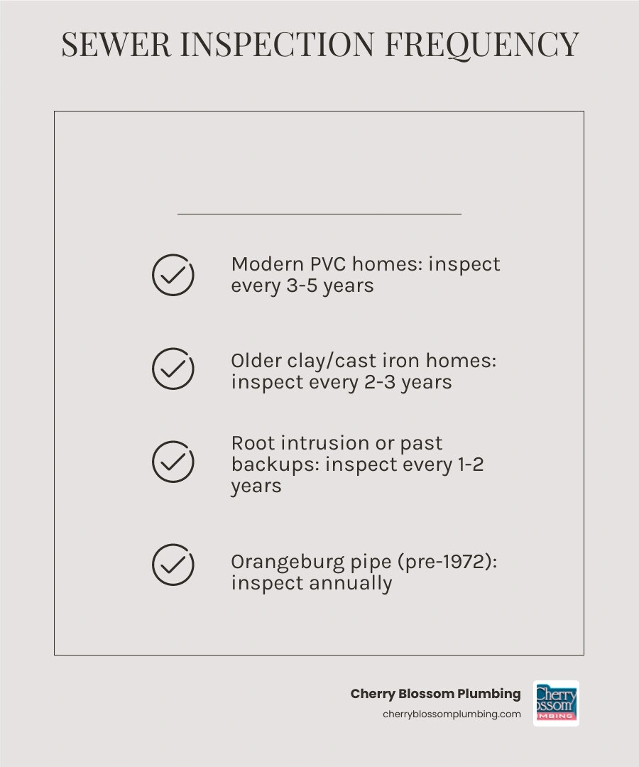 Infographic showing sewer line inspection frequency by home type and pipe material infographic Infographic showing sewer line inspection frequency by home type and pipe material infographic