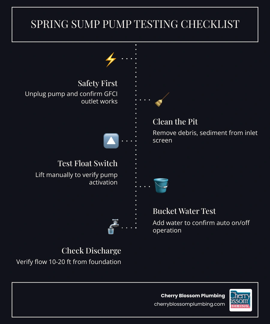 infographic showing spring sump pump testing and maintenance checklist with 7 steps infographic infographic showing spring sump pump testing and maintenance checklist with 7 steps infographic