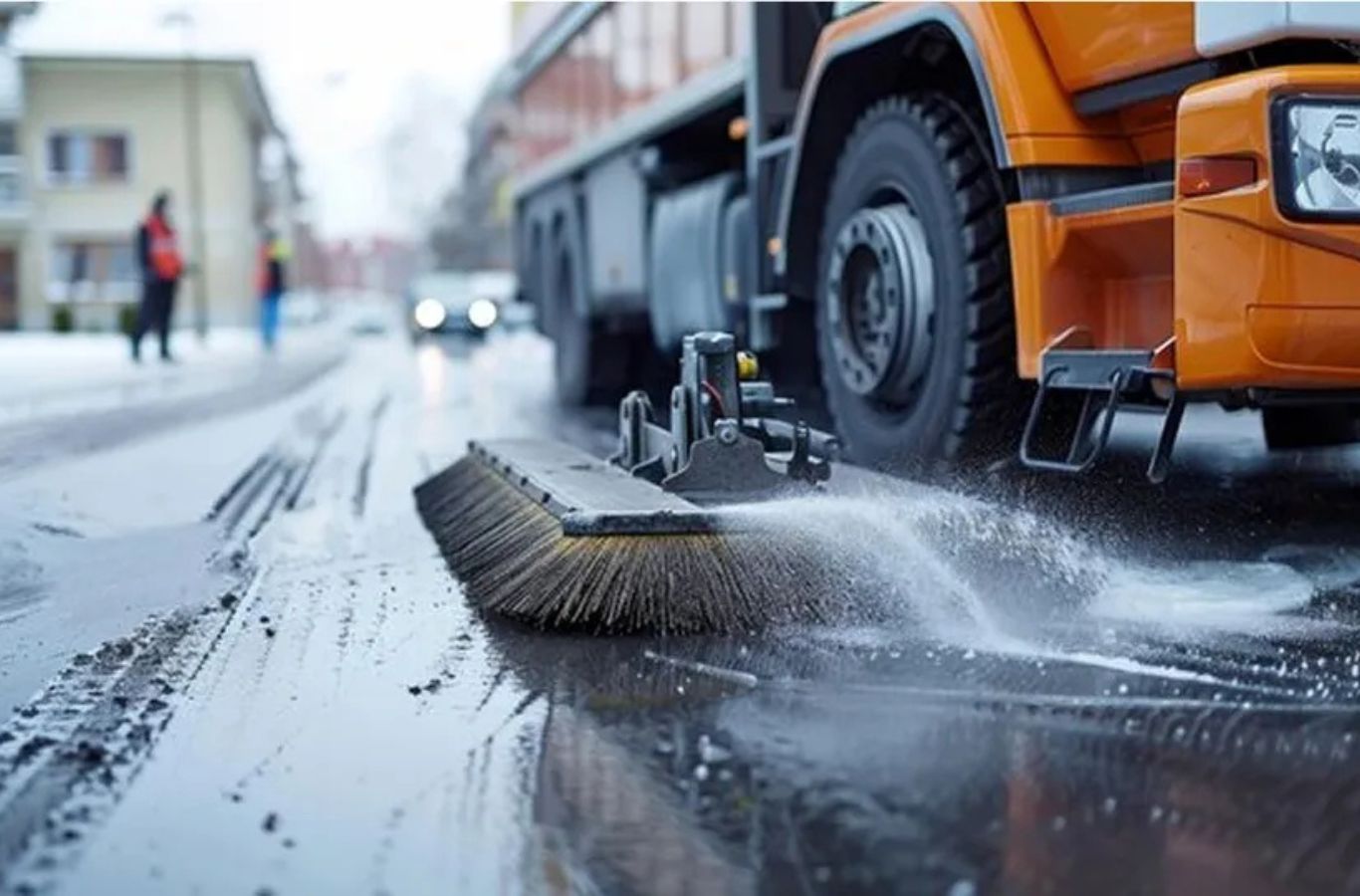 A Sundance Sweeping operator using high-powered sweepers to provide professional parking lot sweeping in Fountain Hills, AZ for commercial lots.