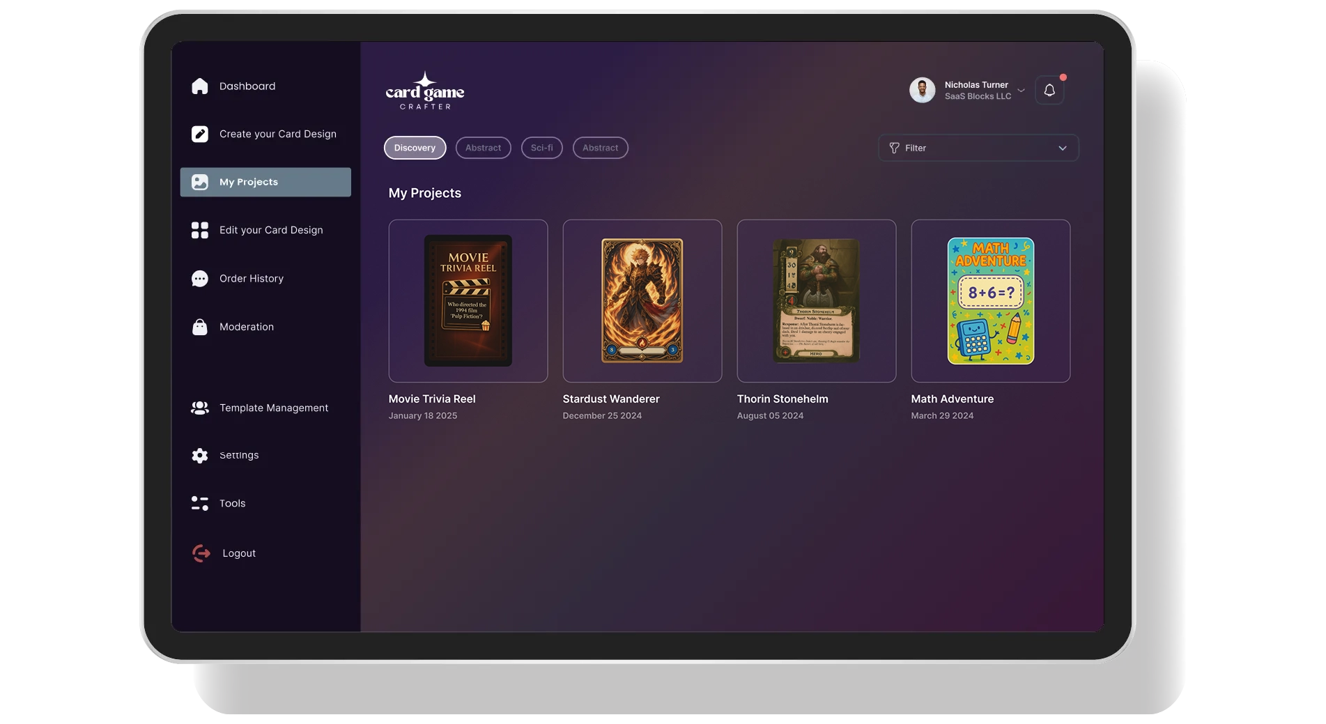 AI-powered card game design dashboard with customizable templates, editing tools, and a preview pane for building card decks and packaging.