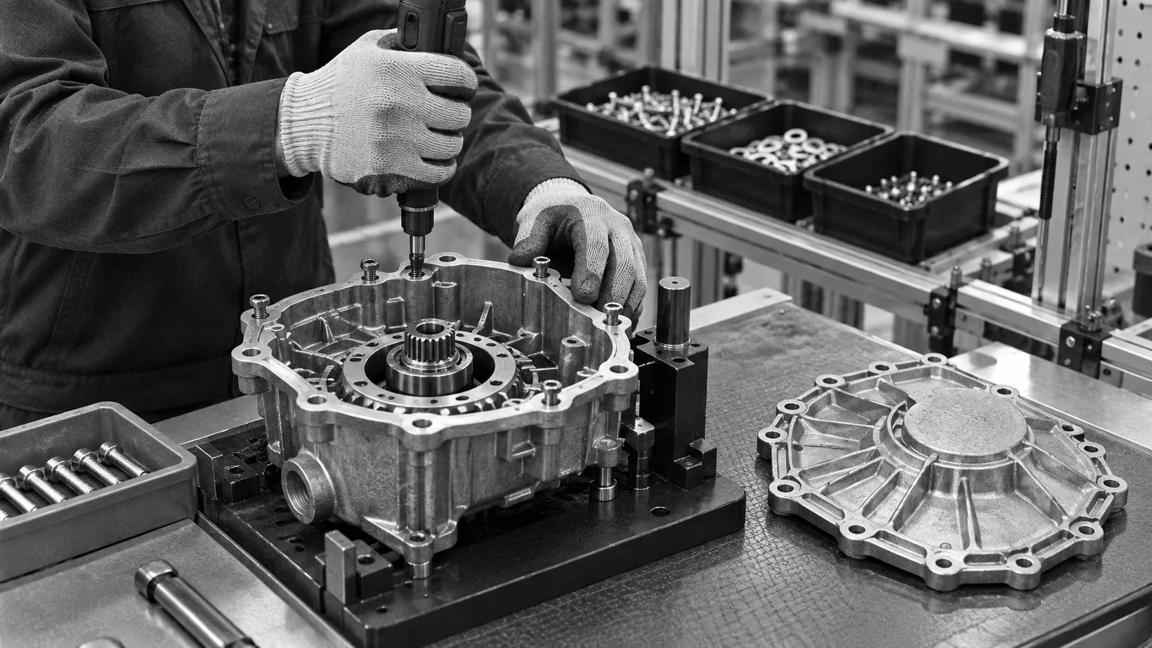 Monochrome illustration of a screwdriving operation on an open housing before its cover is fitted