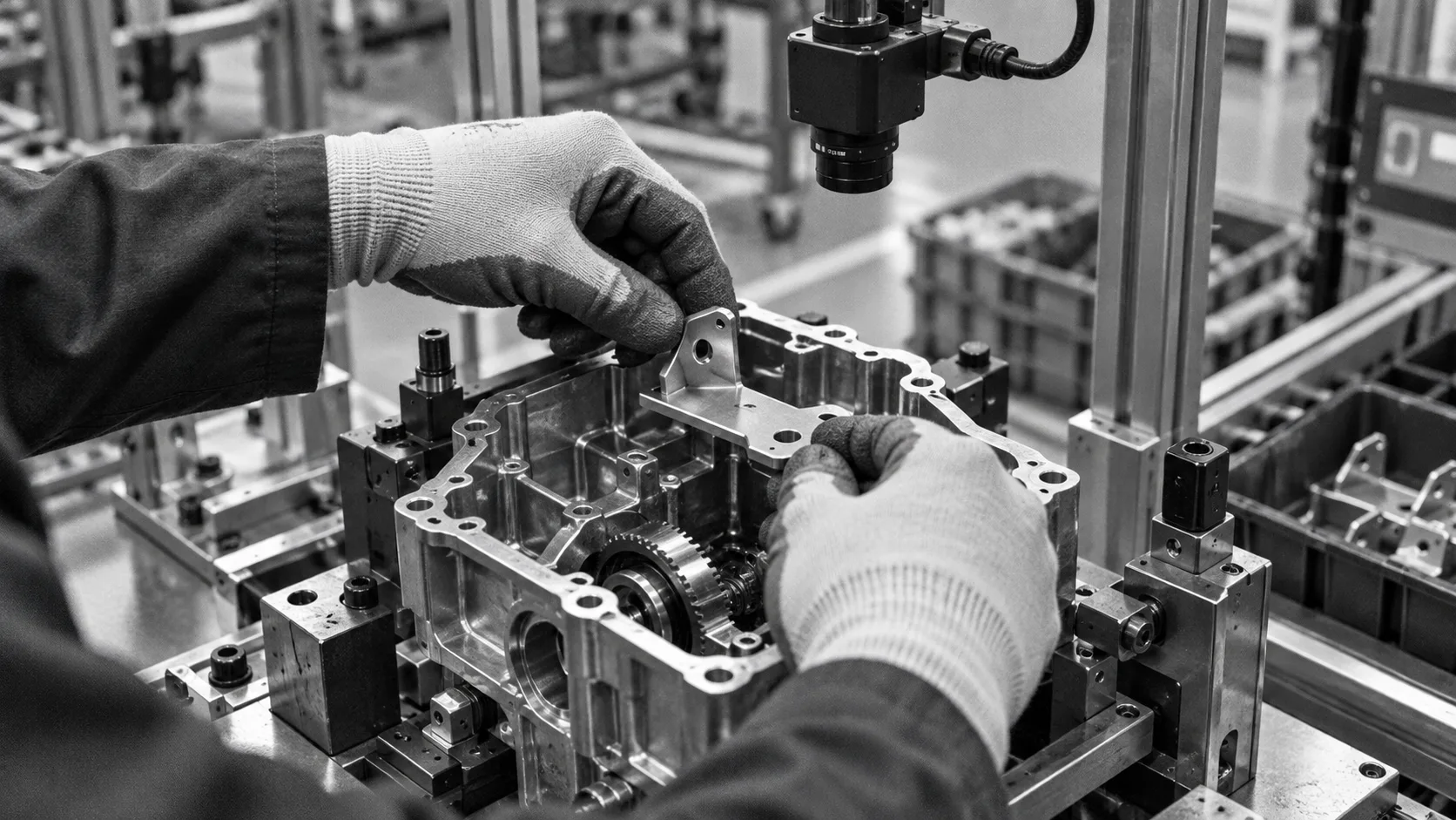 Monochrome illustration of a gloved operator positioning a bracket in an assembly fixture beneath a station camera