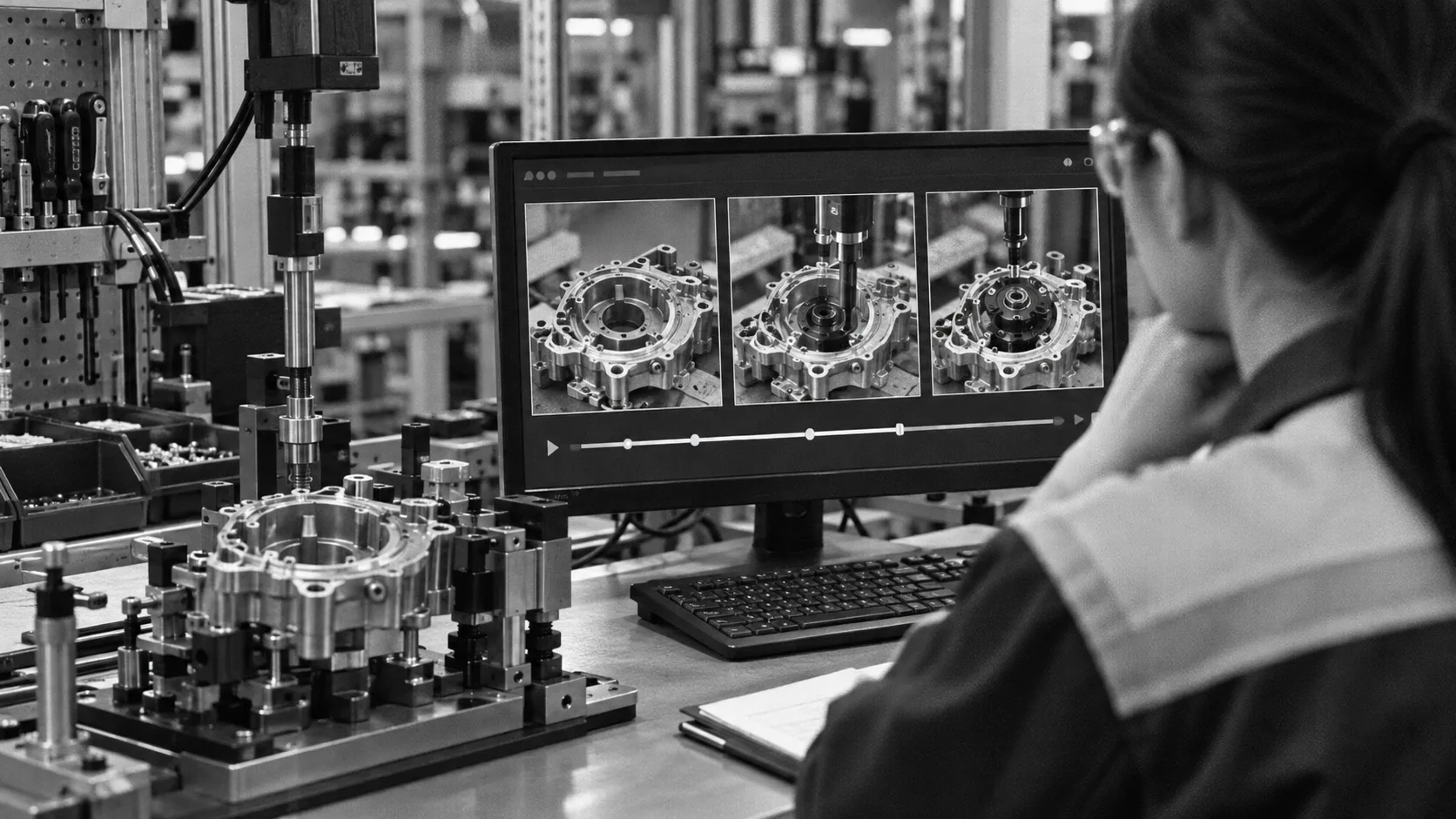 Monochrome illustration of a quality engineer reviewing video frames from an assembly cycle