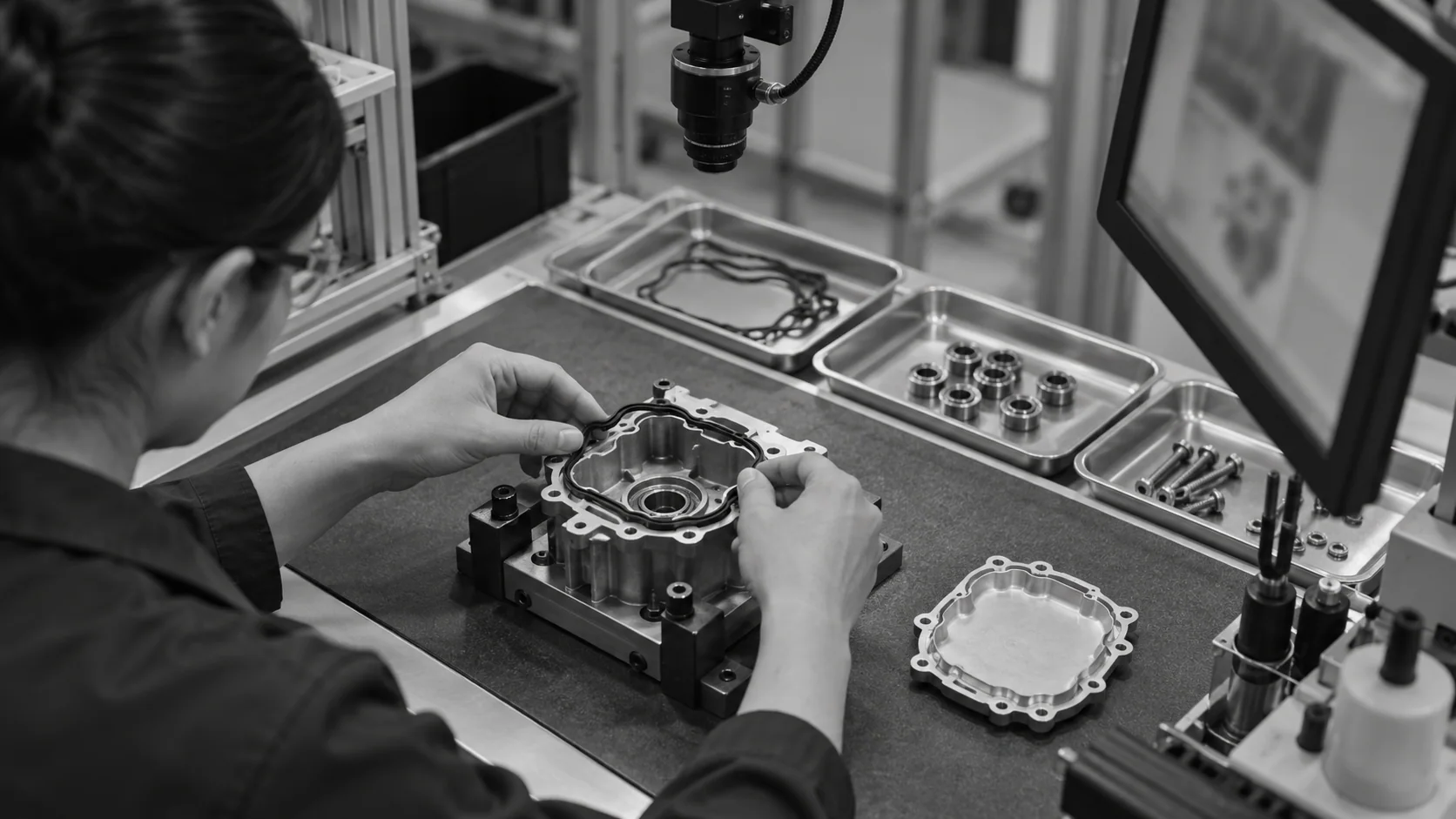 Conceptual illustration of an operator fitting a perimeter gasket to an open housing beneath an overhead camera.