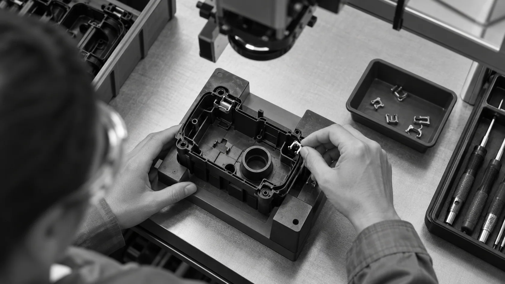 Conceptual illustration of an operator placing a retaining clip in an open housing beneath an inspection camera.