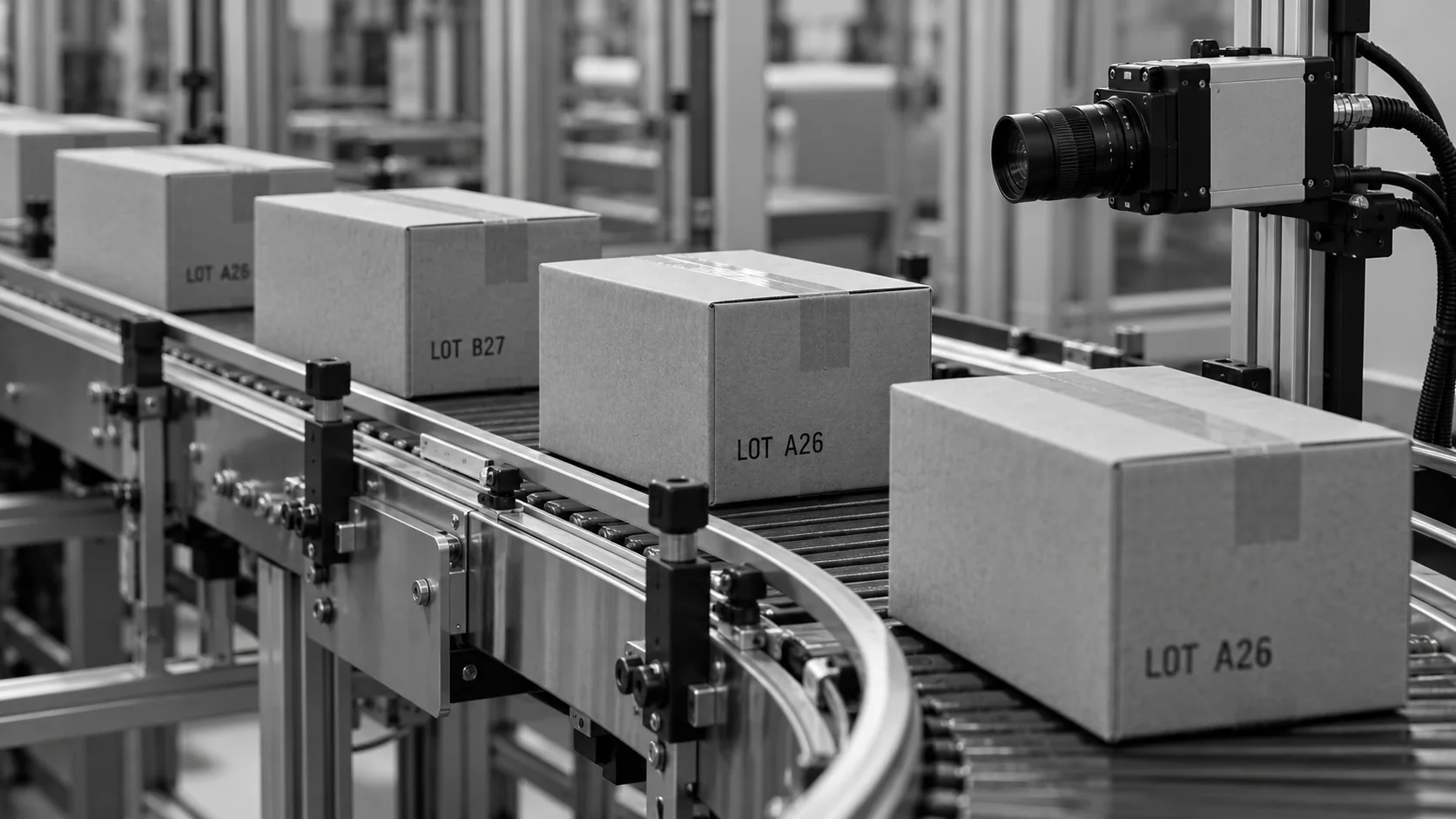 Ilustración conceptual de cajas con diferentes códigos de lote de muestra en un punto de control con cámara.