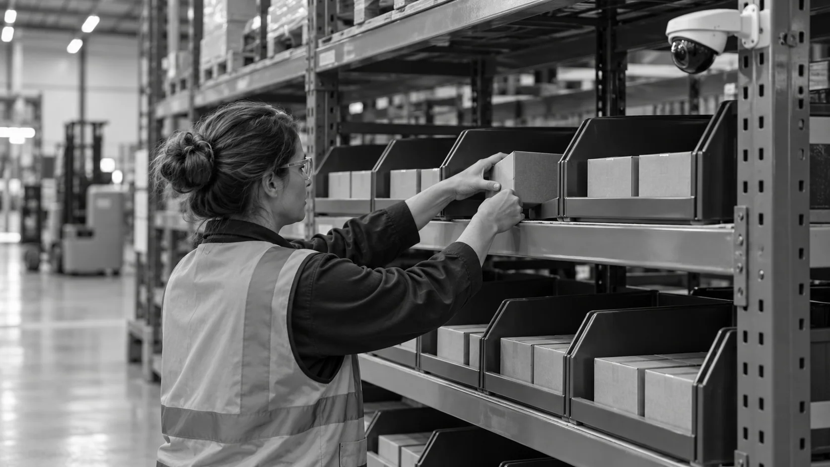 Conceptual illustration of a carton being placed into a visible warehouse bin beneath an aisle camera.