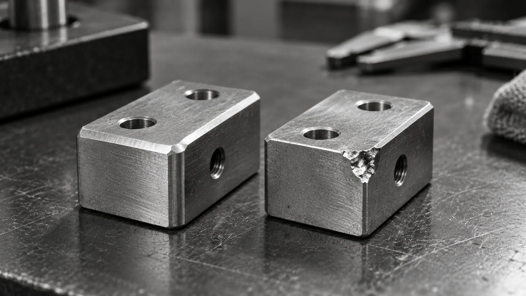 Conceptual illustration of an intact machined chamfer beside a chipped corner.