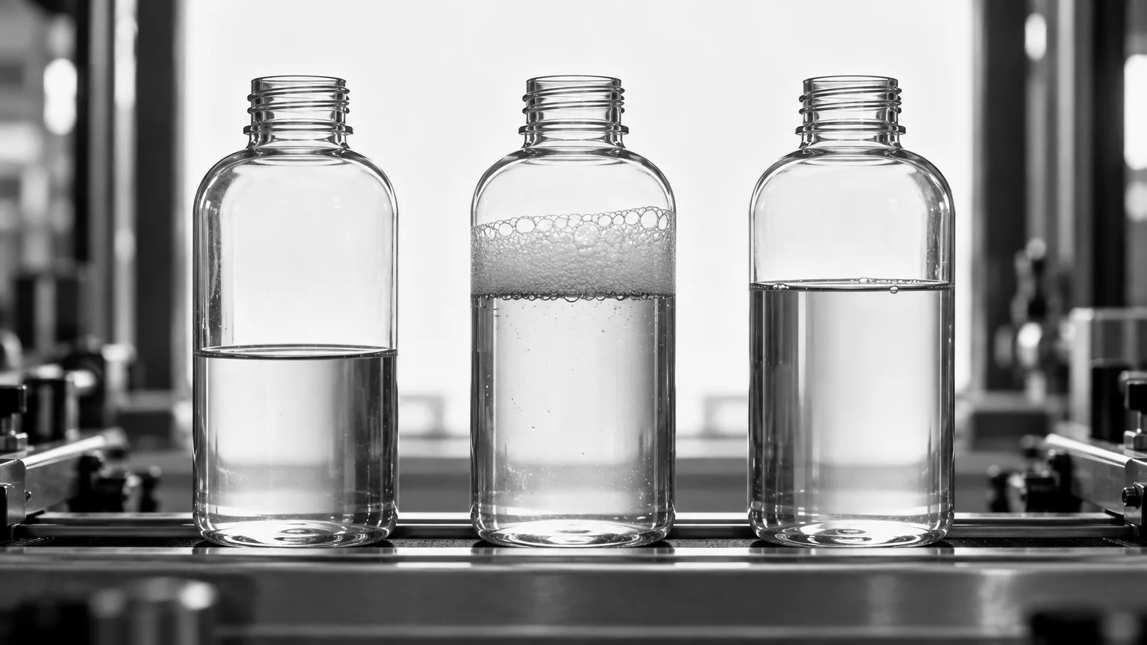 Conceptual illustration of transparent bottles with different liquid levels and a foam layer.