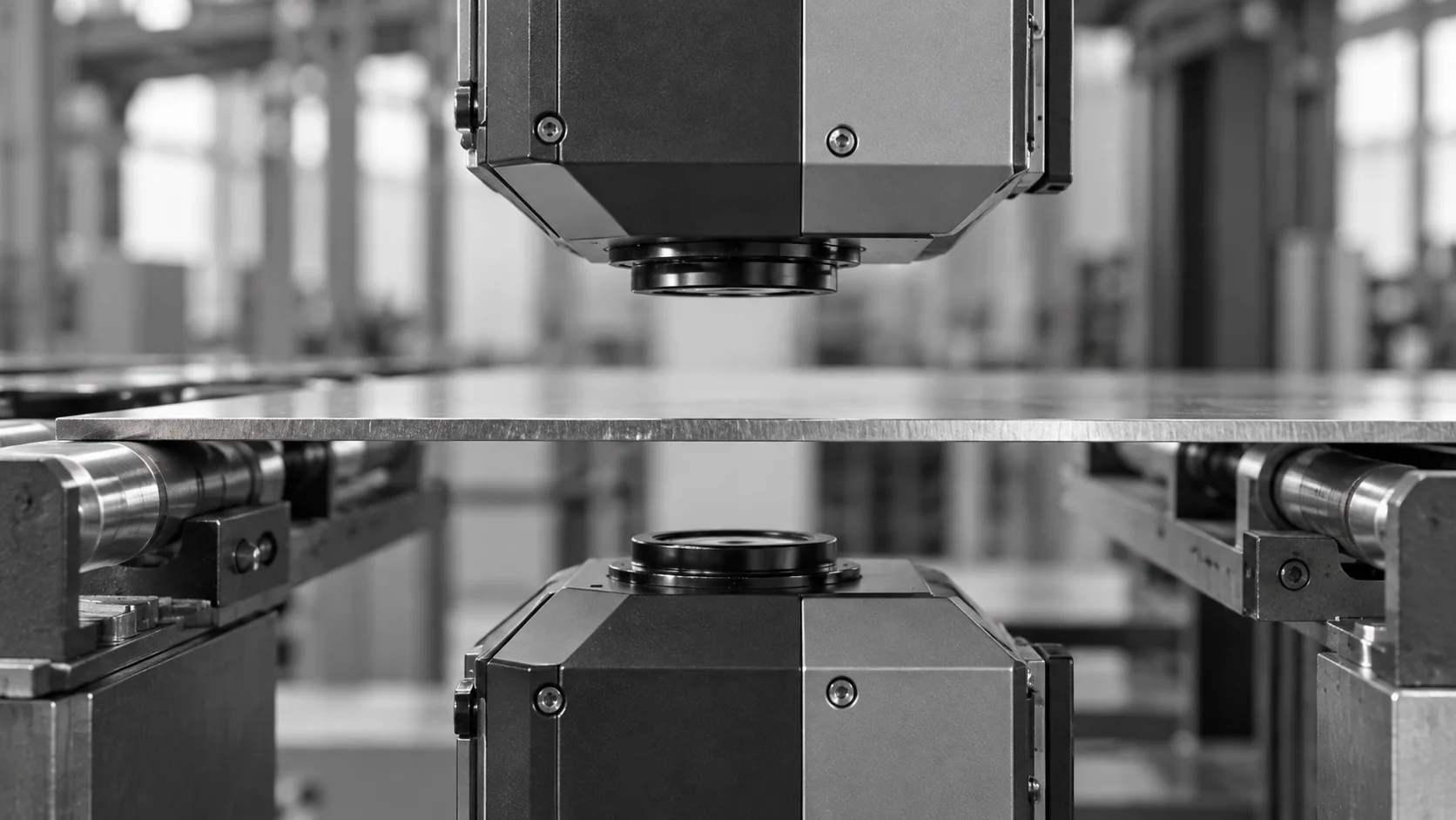 Conceptual illustration of a supported sheet between opposed optical inspection heads.