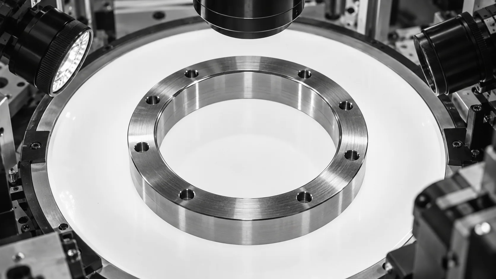 Illustration conceptuelle d'une bague usinée avec ses bords intérieur et extérieur visibles sur une platine d'inspection.