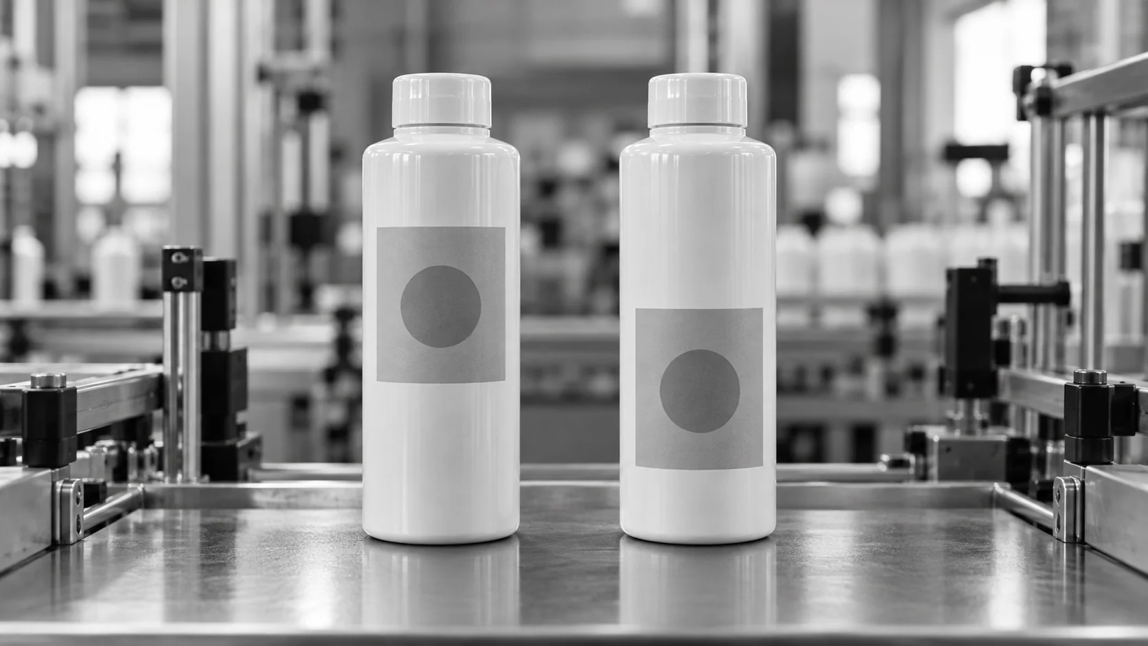 Conceptual illustration of similar bottles with labels at different heights.