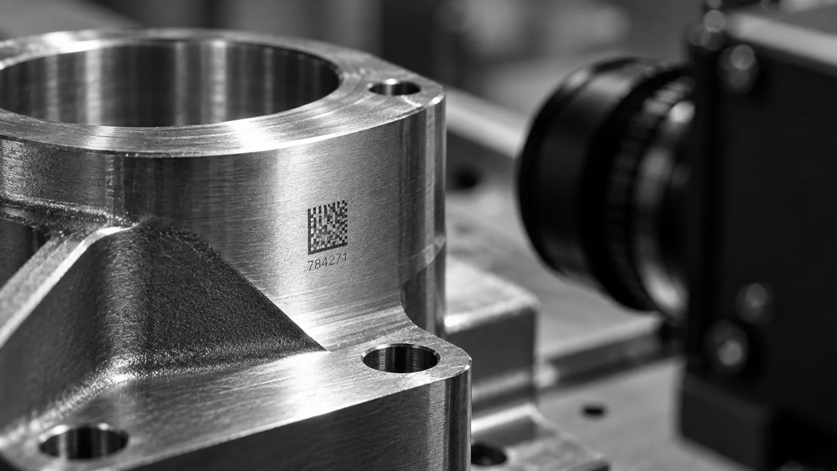 Conceptual illustration of a square etched sample mark on a machined-metal housing.