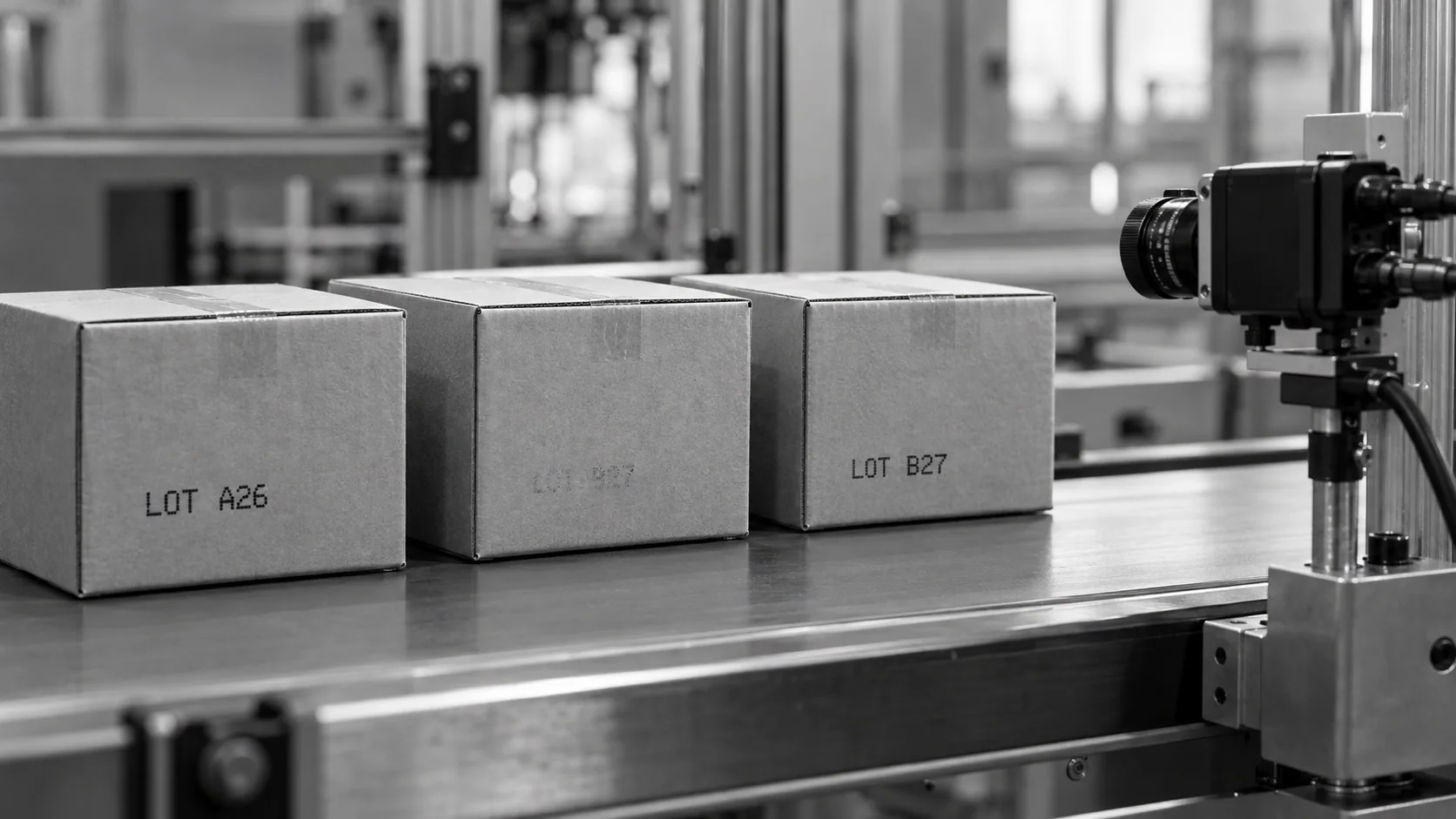Conceptual illustration of cartons with clear and faint sample lot codes beside an inspection camera.
