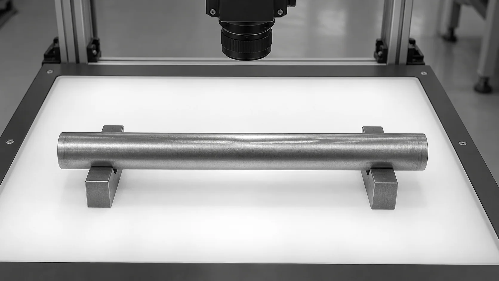Conceptual illustration of a straight metal rod with both endpoints visible on a backlit inspection stage.