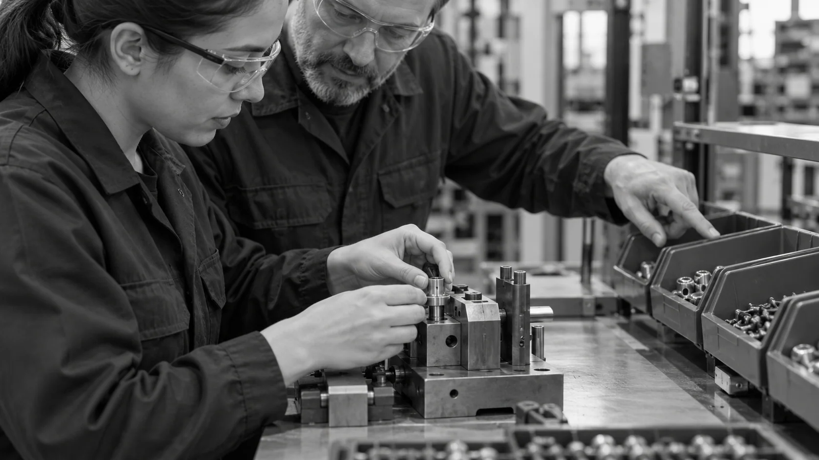 Conceptual illustration of a trainer coaching a trainee's hand placement and parts reach at an assembly fixture.