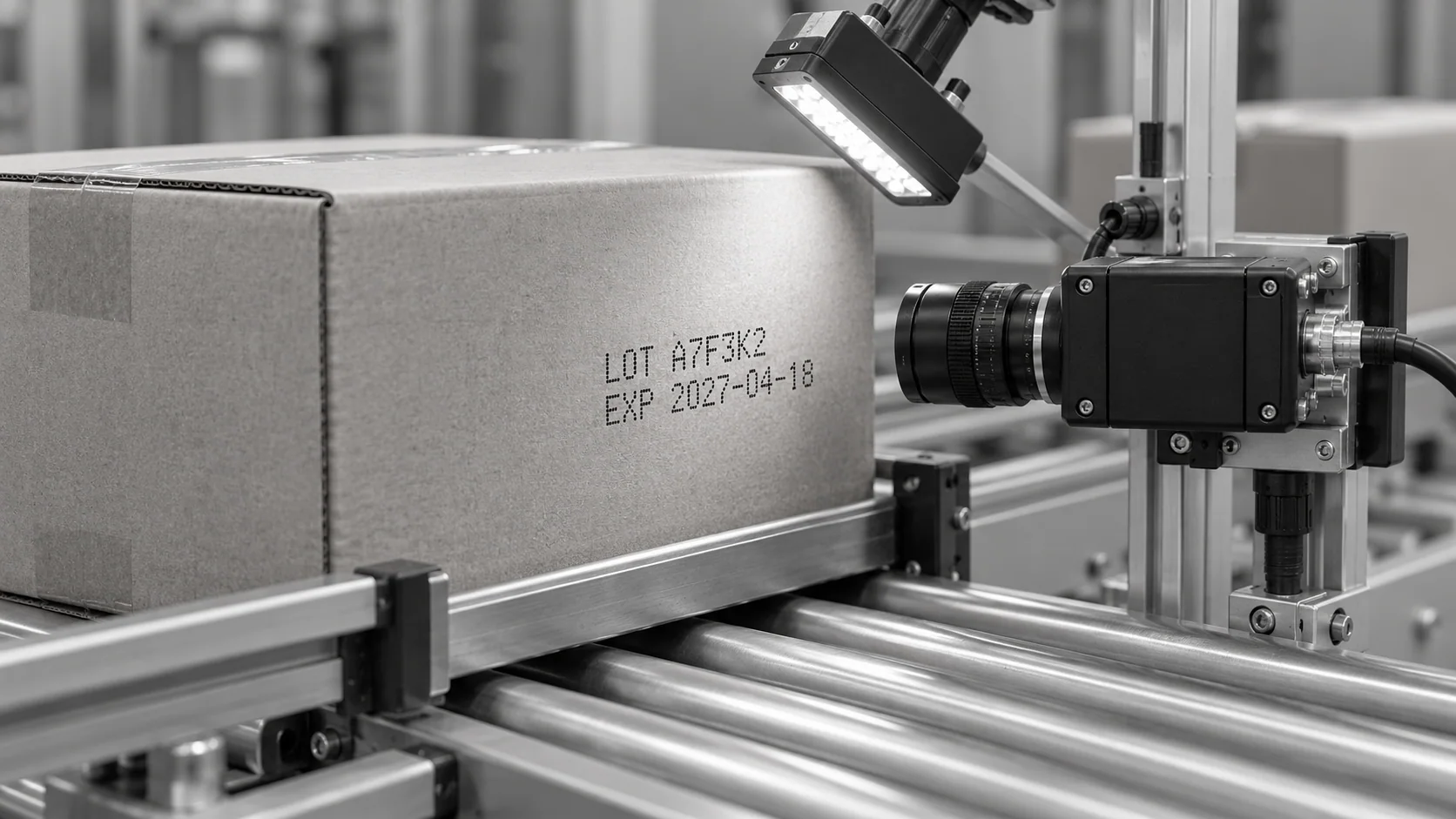 Conceptual illustration of a side-mounted camera facing an inkjet code on a carton.
